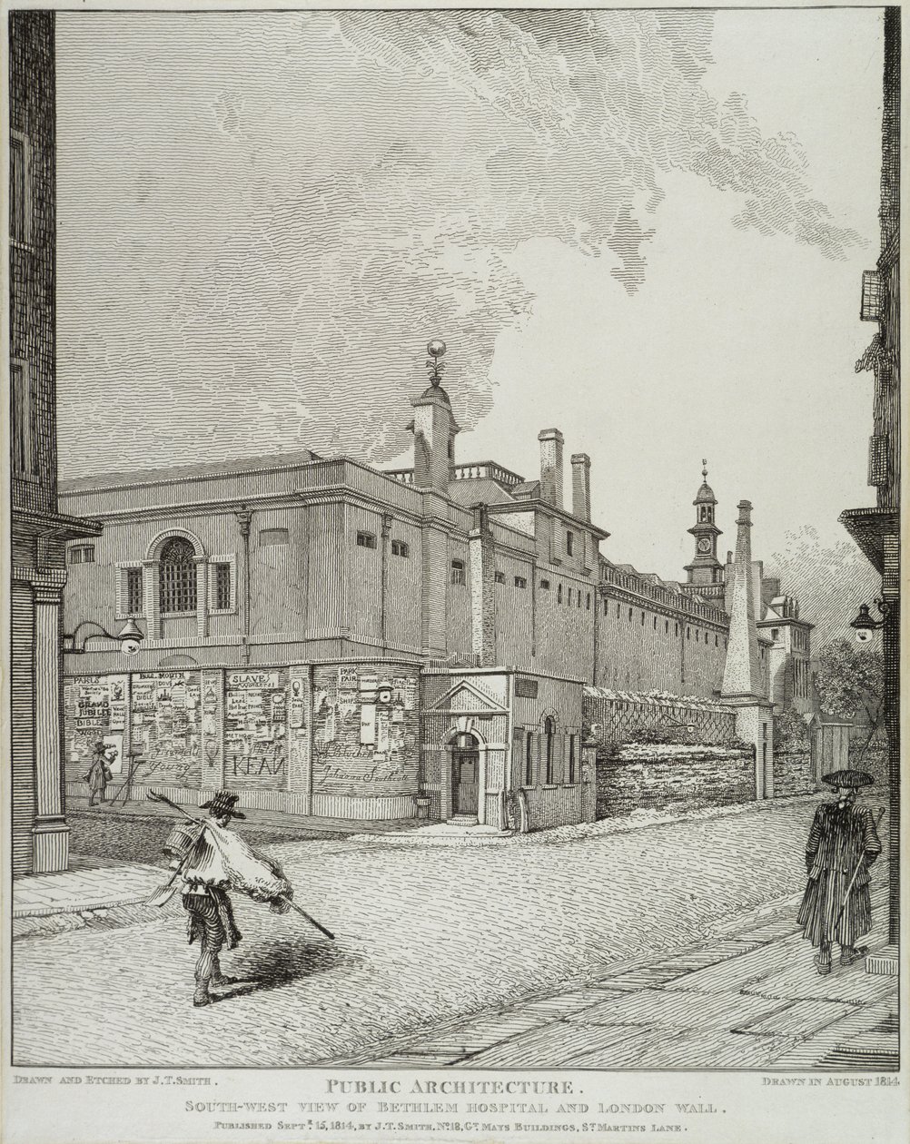 Südwestansicht des Bethlem Hospitals und der Londoner Mauer, 1814 von John Thomas Smith