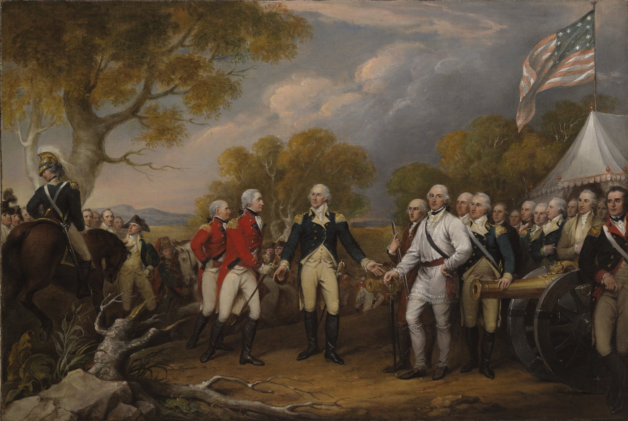 Schlacht von Saratoga, der britische General John Burgoyne kapituliert vor dem amerikanischen General Horatio Gates, 17. Oktober 1777, um 1822-32 von John Trumbull