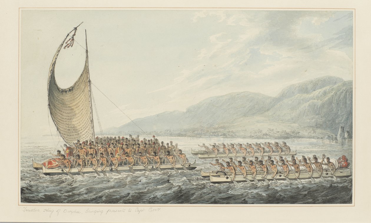 Tereoboo, König von Owyhee, bringt Geschenke zu Kapitän Cook, aus einer Serie von Aquarellen, die Kapitän Cooks letzte Reise illustrieren, ca. 1773-84 (Aquarell auf Papier) von John Webber