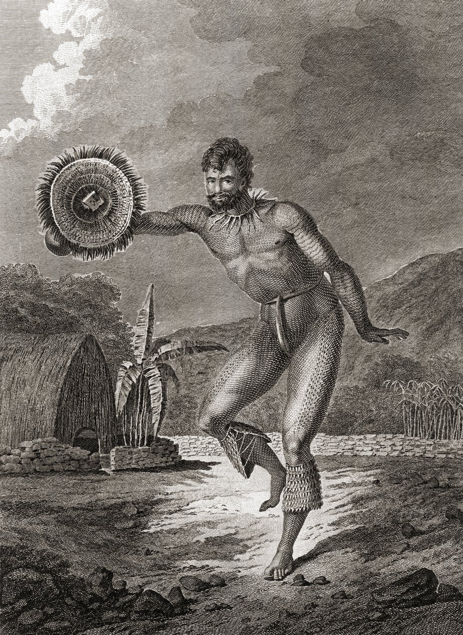 Eine tätowierte Tänzerin in traditioneller Kostüm, Hawaii, 1778 von John Webber