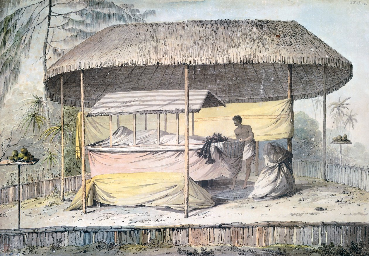 Beerdigung mit Verstorbenem unter einem Baldachin, Tahiti, Gesellschaftsinseln, Aquarell von John Webber aus der Beschreibung von Captain James Cooks letzter Reise, Polynesien von John Webber