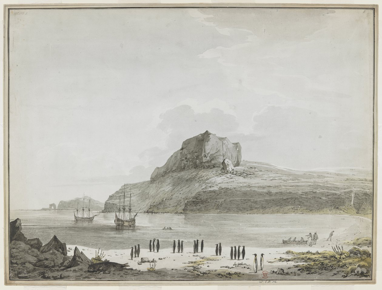 [Gesamte Zeichnung] Ansicht des Weihnachts-Hafens, Kerguelen-Insel, mit der Discovery und der Resolution vor Anker. Zwei Schiffsboote sind draußen, eines landet Seeleute am Ufer. Im Vordergrund zwanzig Pinguine in Gruppen und ein Seelöwe. 25.-30. Dezember  von John Webber
