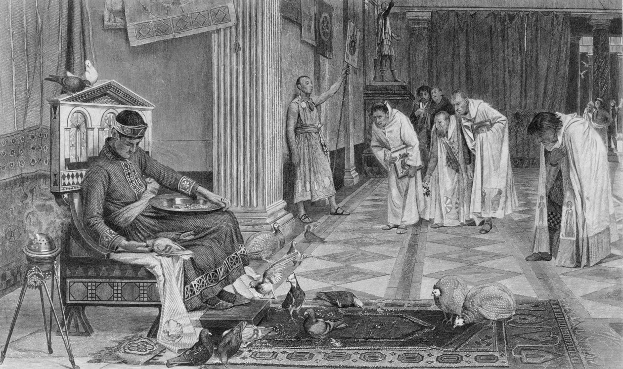 Die Favoriten des Kaisers Honorius, graviert von J. Stephenson von John William Waterhouse