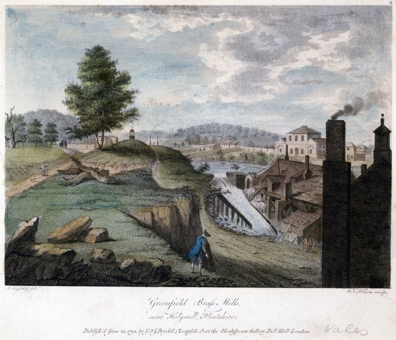 Greenfield Messingmühlen, nahe Holywell, Flintshire, graviert von W.C. Wilson, ca. 1792 von John after Ingleby
