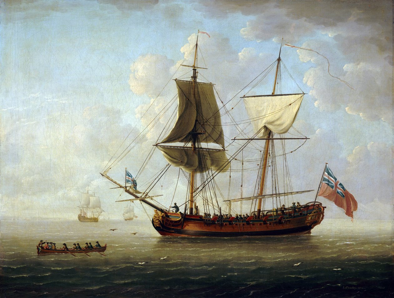 Eine britische Brigg, die die rote Flagge und den Union Jack trägt, vor der Küste in ruhiger See von John the Elder Cleveley