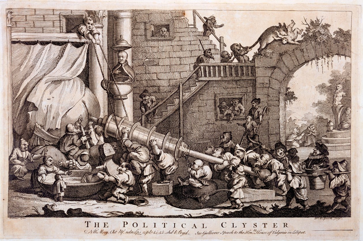 The Political Clyster, Druck von William Hogarth, 1757 von Jonathan Swift