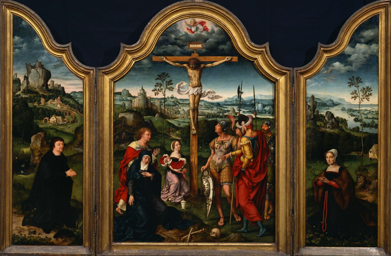 Triptychon: Die Kreuzigung flankiert von dem knienden Stifter und seiner Frau von Joos van Cleve