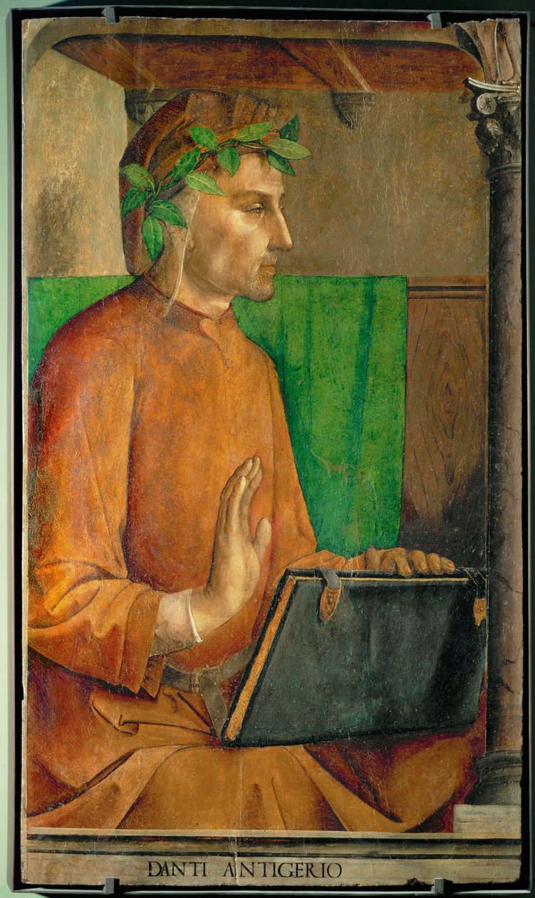 Dante Alighieri, Dichter, aus einer Serie von 28 Porträts, um 1475 für das Studiolo von Federigo da Montefeltre gemalt von Joos van Gent (fl.1460 75)