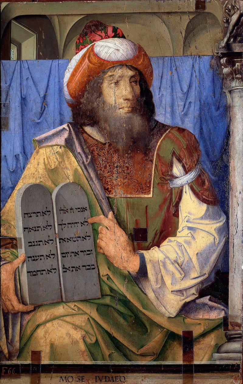 Porträts berühmter Männer: Moses und Gesetzestafeln. Gemälde von Joos van Wassenhove. Museo Nazionale von Joos van Gent (fl.1460 75)