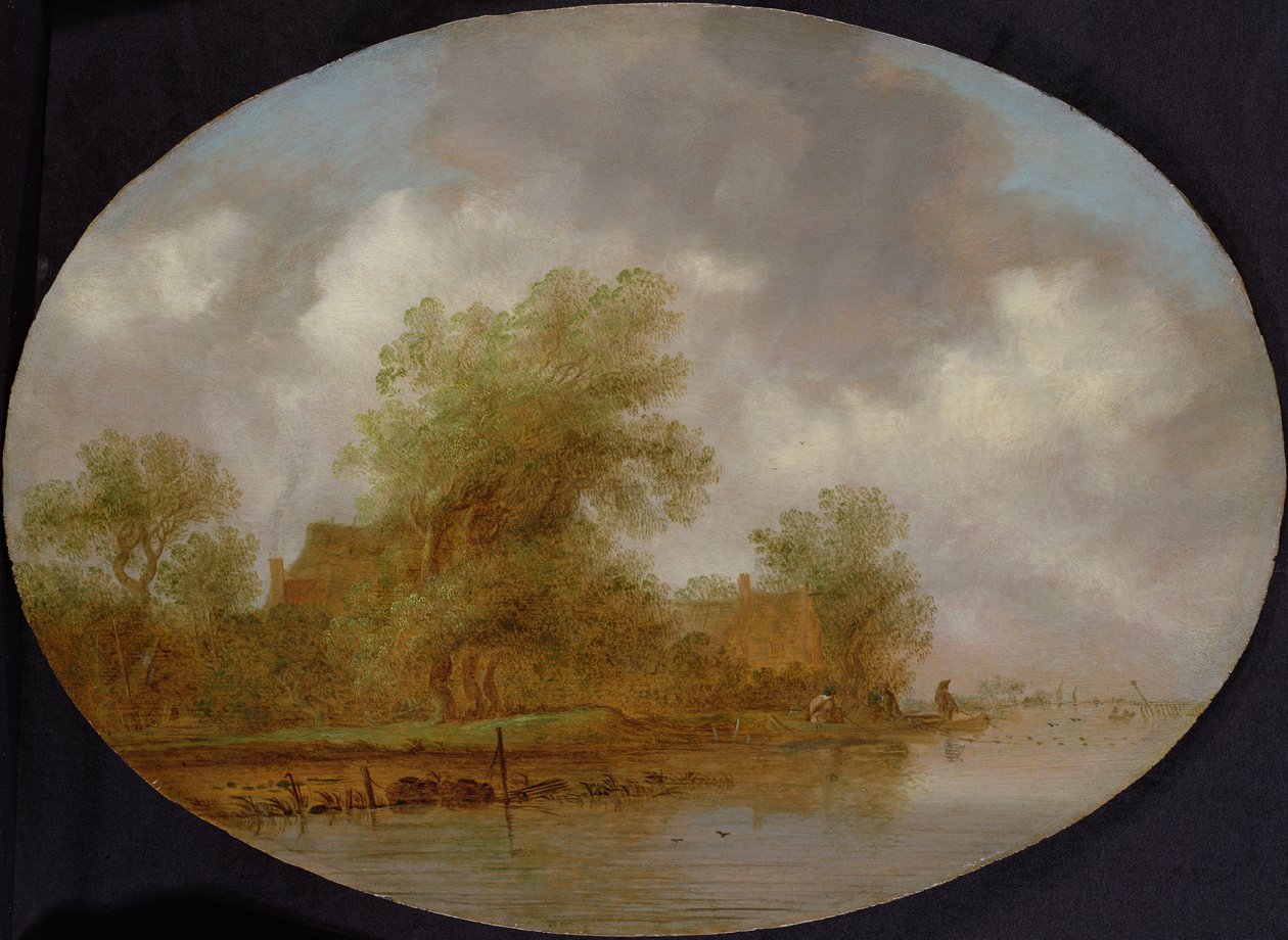 Eine Flusslandschaft mit Fischern, die Netze einholen von Joost de Volder