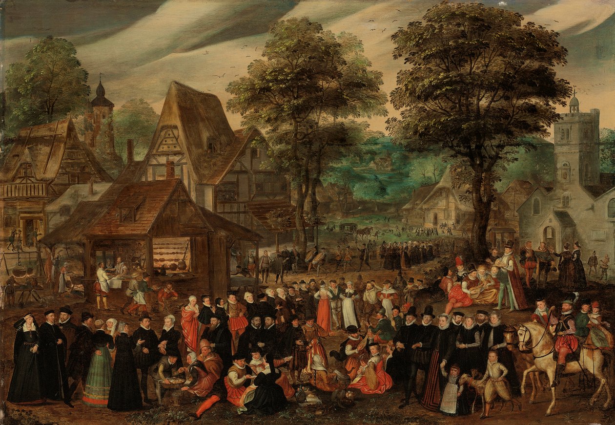Dorffest mit elegant gekleideten Figuren in Prozession, ein Fluss und Turm im Hintergrund von Joris Hoefnagel