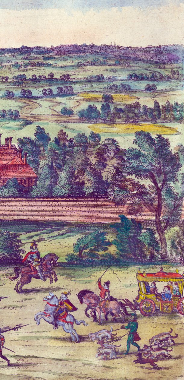 Höflinge und Jagdhunde begleiten die Ankunft von Königin Elizabeth I. im Nonsuch Palace, 1598 (Detail) von Joris Hoefnagel