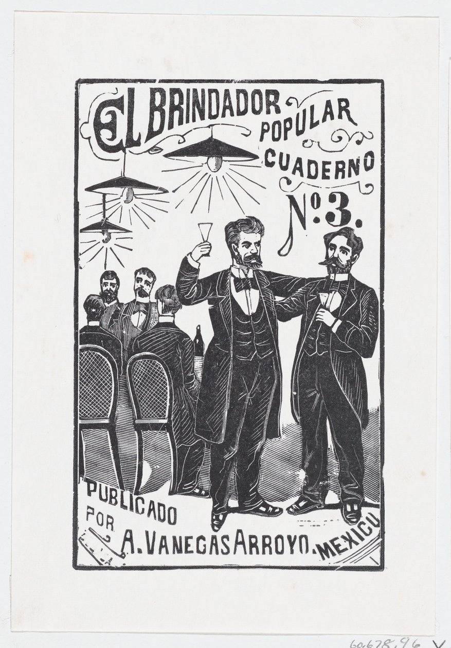 Ein Mann erhebt sein Glas mit einer Gruppe von Männern im Hintergrund von José Guadalupe Posada
