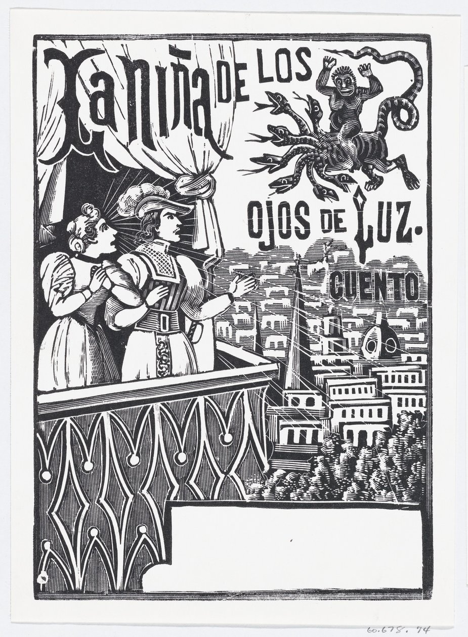 Eine Frau und ein Mann stehen auf einem Balkon und schauen zu einem fliegenden Monster am Himmel..., ca. 1880-1910 von José Guadalupe Posada