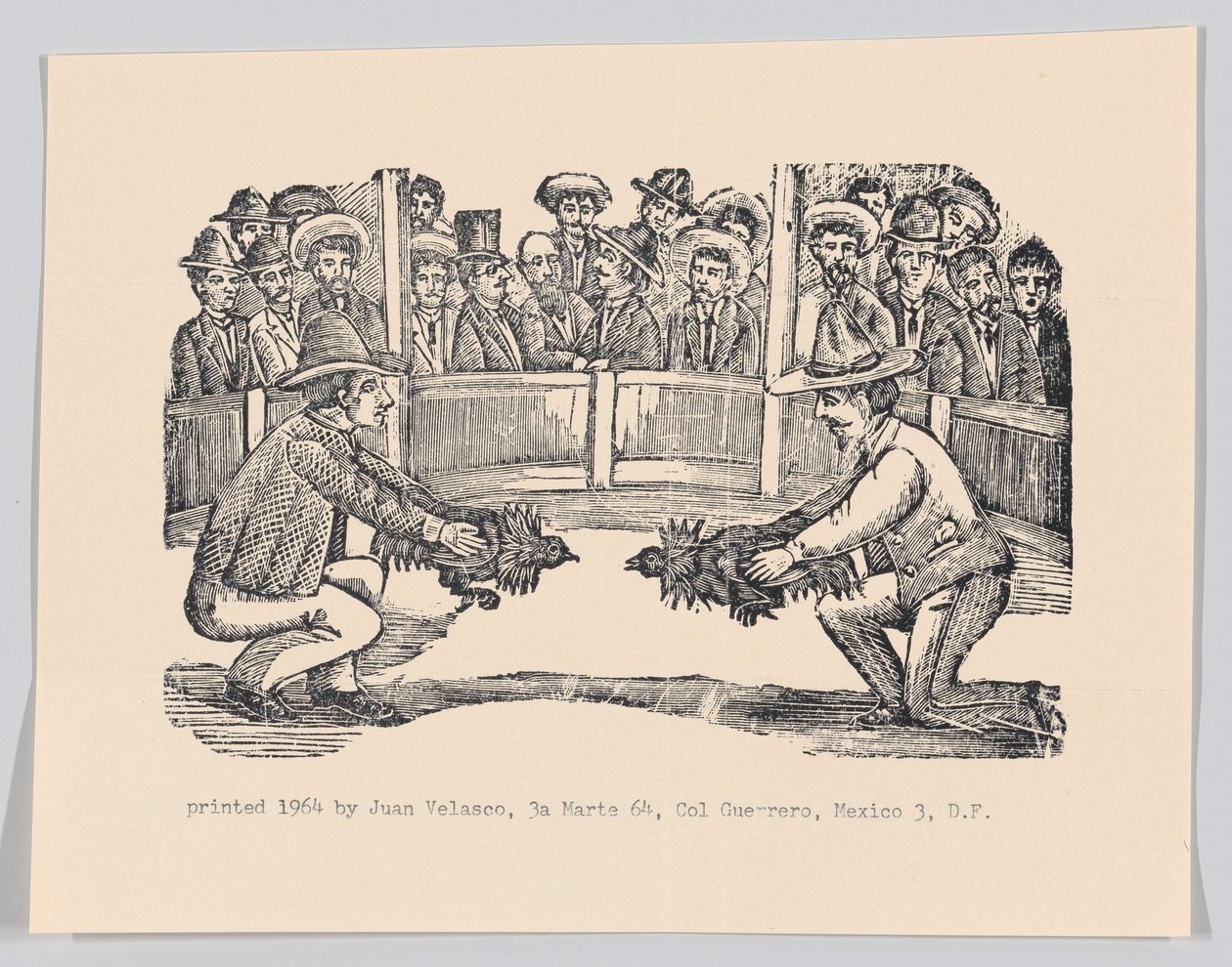 Zwei Männer in einer Arena, die Hähne für einen Kampf vorbereiten von José Guadalupe Posada