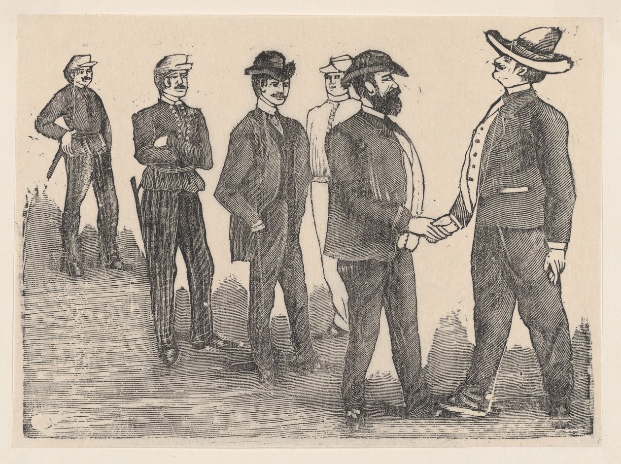 Zwei Männer schütteln sich die Hand im Vordergrund und Offiziere beobachten sie im Hintergrund von José Guadalupe Posada