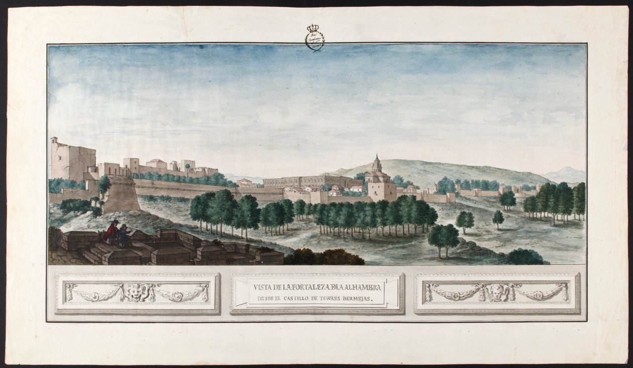 Blick auf die Alhambra von Granada vom Schloss Torres Bermejas von José de Hermosilla