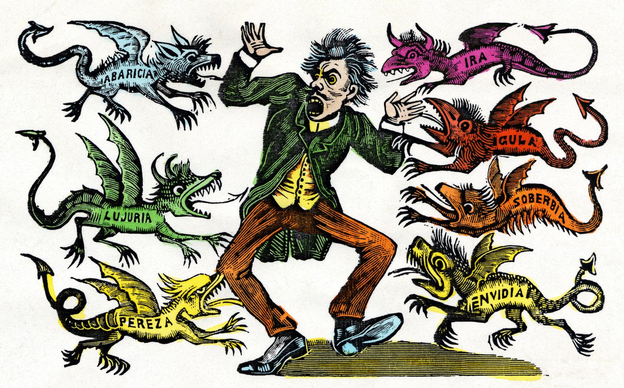José Guadalupe Posada (1852 - 1913): Allegorie der sieben Todsünden. Holzschnitt aquarelliert. Mexiko von Jose Guadalupe Posada