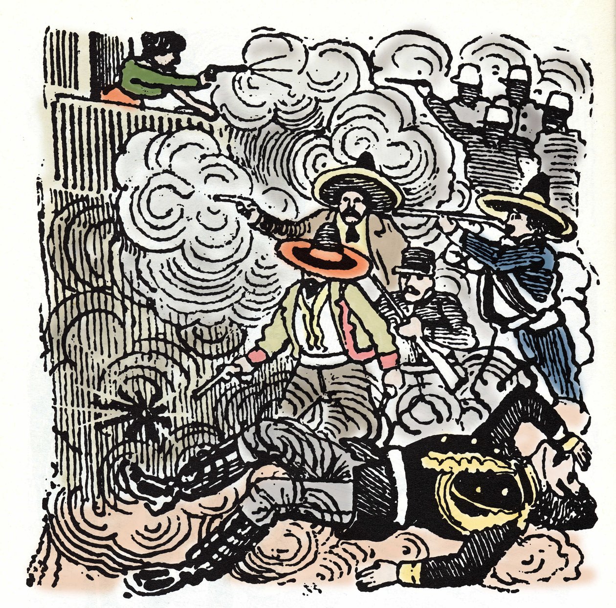 Die mexikanische Revolution (1910-1920): Angriff auf das Haus von Aquiles Serdan (1876-1910). Xylographie von Jose Guadalupe Posada (1852-1913). von José Guadalupe Posada