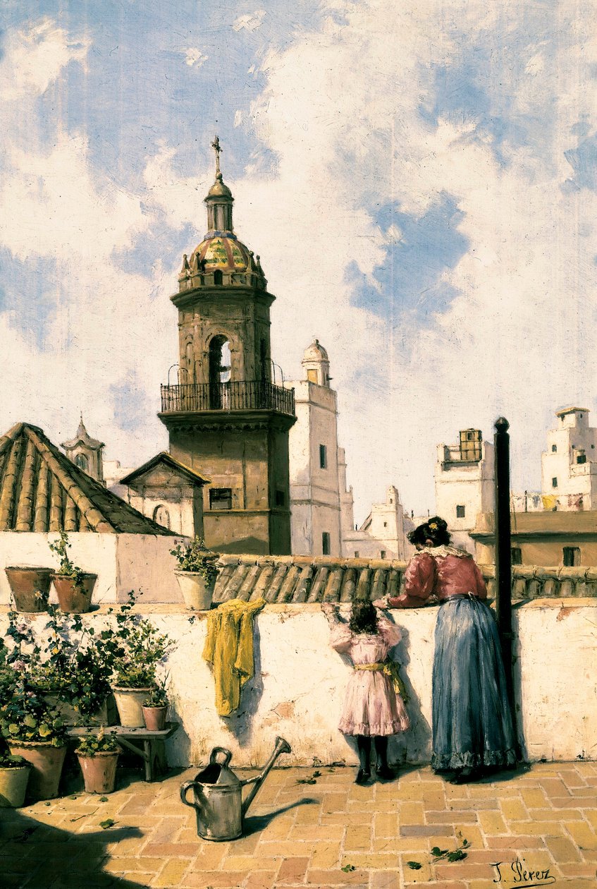 Dachterrasse in Cadiz. Eine Mutter und Tochter gießen wahrscheinlich die Pflanzen mit der Gießkanne in der Mitte der Terrasse. Gemälde von Jose Perez Siguimboscum (19. Jahrhundert), Ende 19. Jahrhundert. Öl auf Leinwand. Cadiz, Museo Provincial de Cadiz. von Jose Perez Siguimboscum