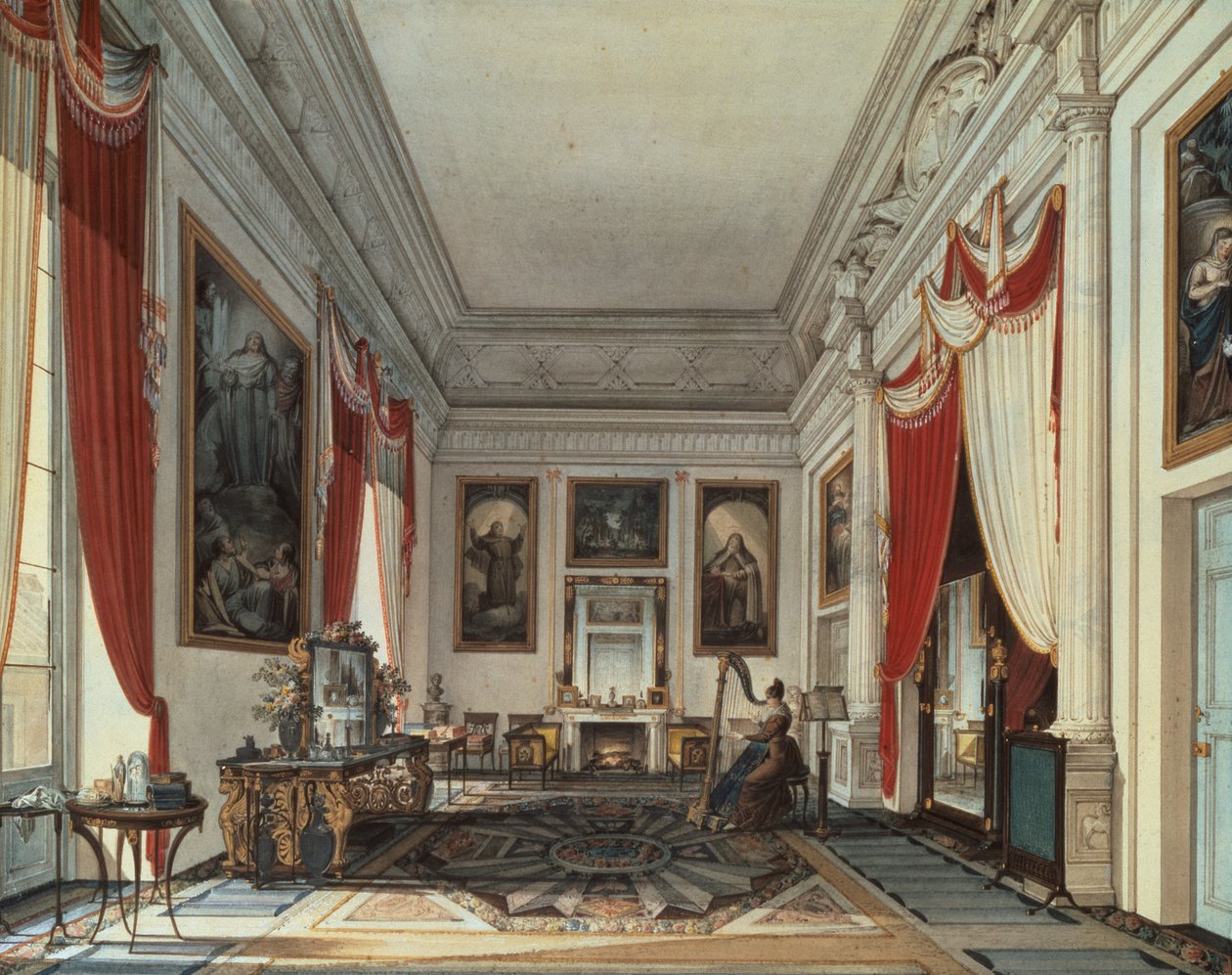 Ein Boudoir mit einem Bett in einer Nische von Jose Ribelles y Helip