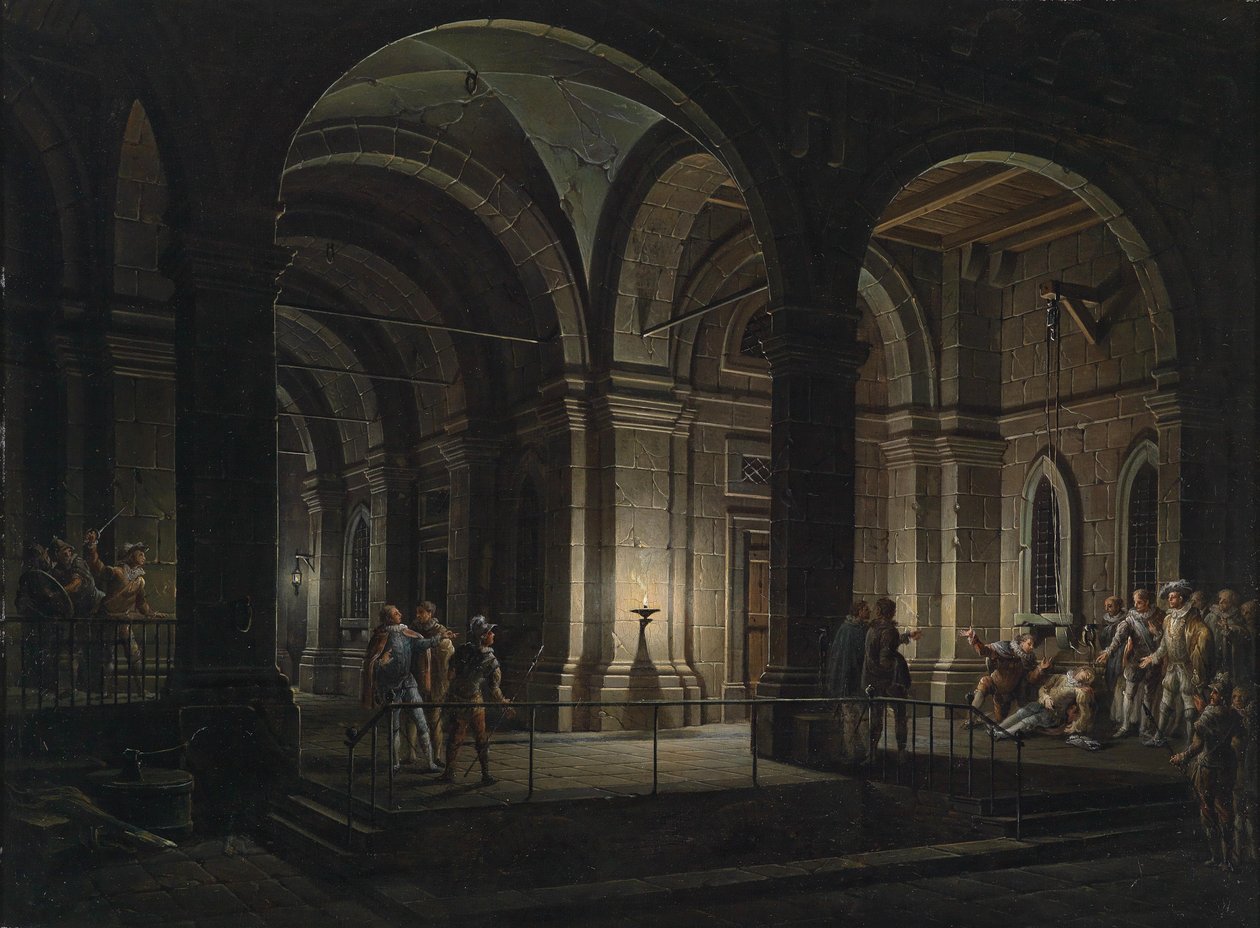 Phantastische Gefängnisarchitektur mit Figuren im Kostüm des 17. Jahrhunderts von Josef Platzer