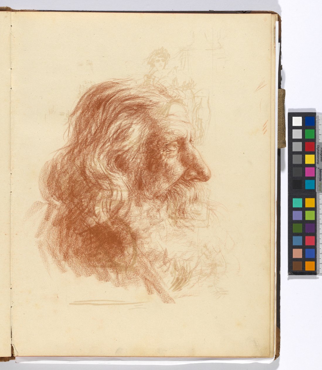 Blatt eines Skizzenbuchs: Studie eines bärtigen Mannes (Rückseite: Studien zu einer weiblichen Kostümfigur und zu einem Maleralbum) von Josef Engelhart