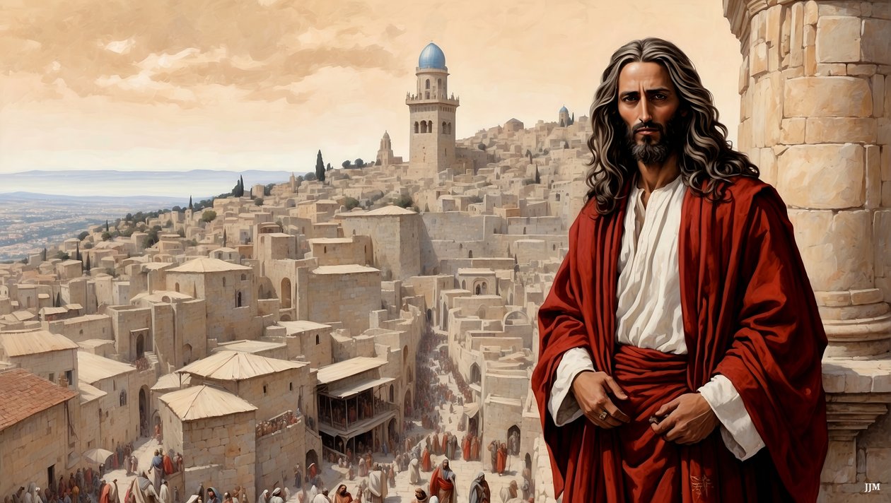 Jesus wurde vom Teufel auf die Tempelzinne gestellt - stürze Dich herab von Josef Johann Michel