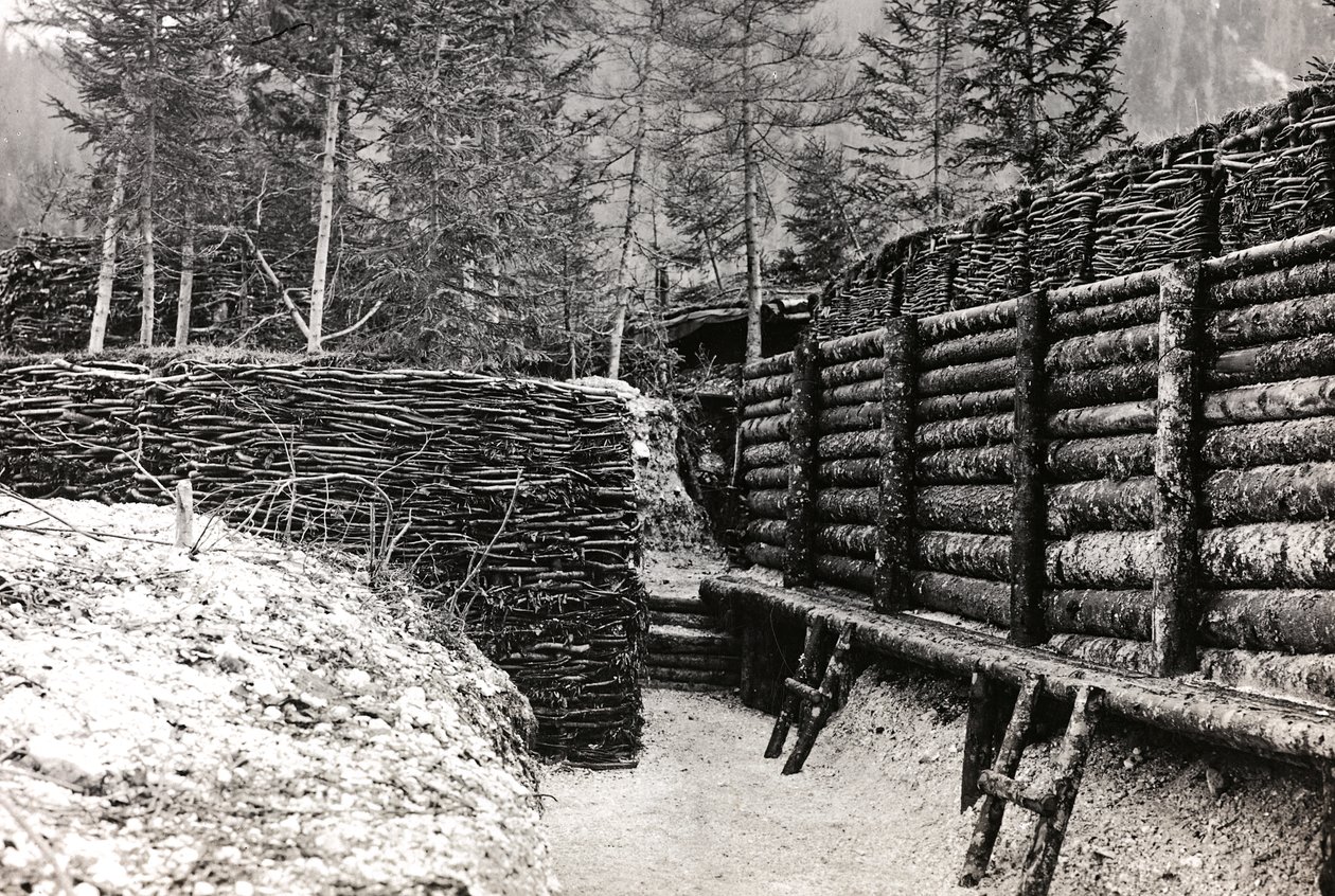 Album "Meine Weltkriegs-Erinnerungen Südwestfront (Kärnten, Italien, Südtirol) 31.03.1915-12.11.1918 - Josef Zohles Wien": Barriere aus Holzscheiten (s/w Foto) von Josef Zohles