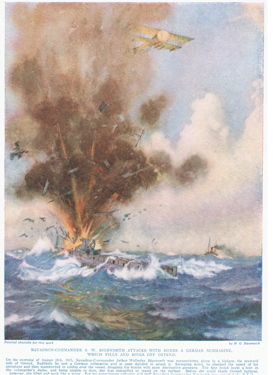 Staffelkommandant A.W. Bigsworth greift mit Bomben ein deutsches U-Boot an, das sich mit Wasser füllt und vor Ostende sinkt, Illustration aus 