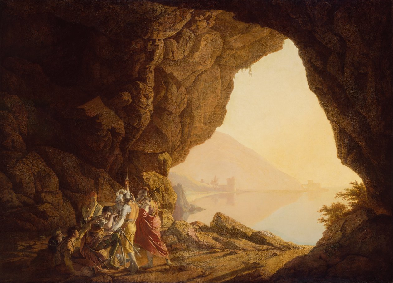 Grotte am Meer im Königreich Neapel mit Banditen, Sonnenuntergang von Joseph Wright of Derby