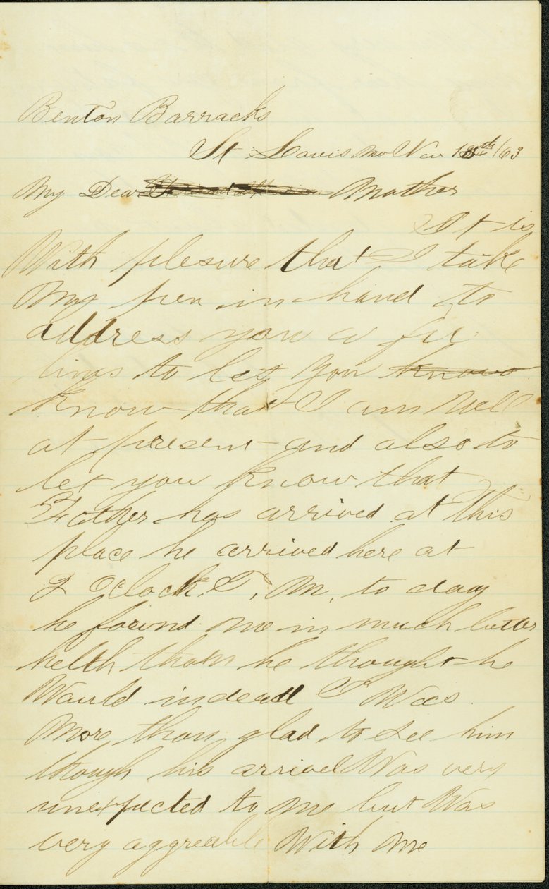 Brief unterschrieben Joseph A. Fardell, Benton Barracks, St. Louis, Mo., an Mutter, 12. November 1863 von Joseph A. Fardell