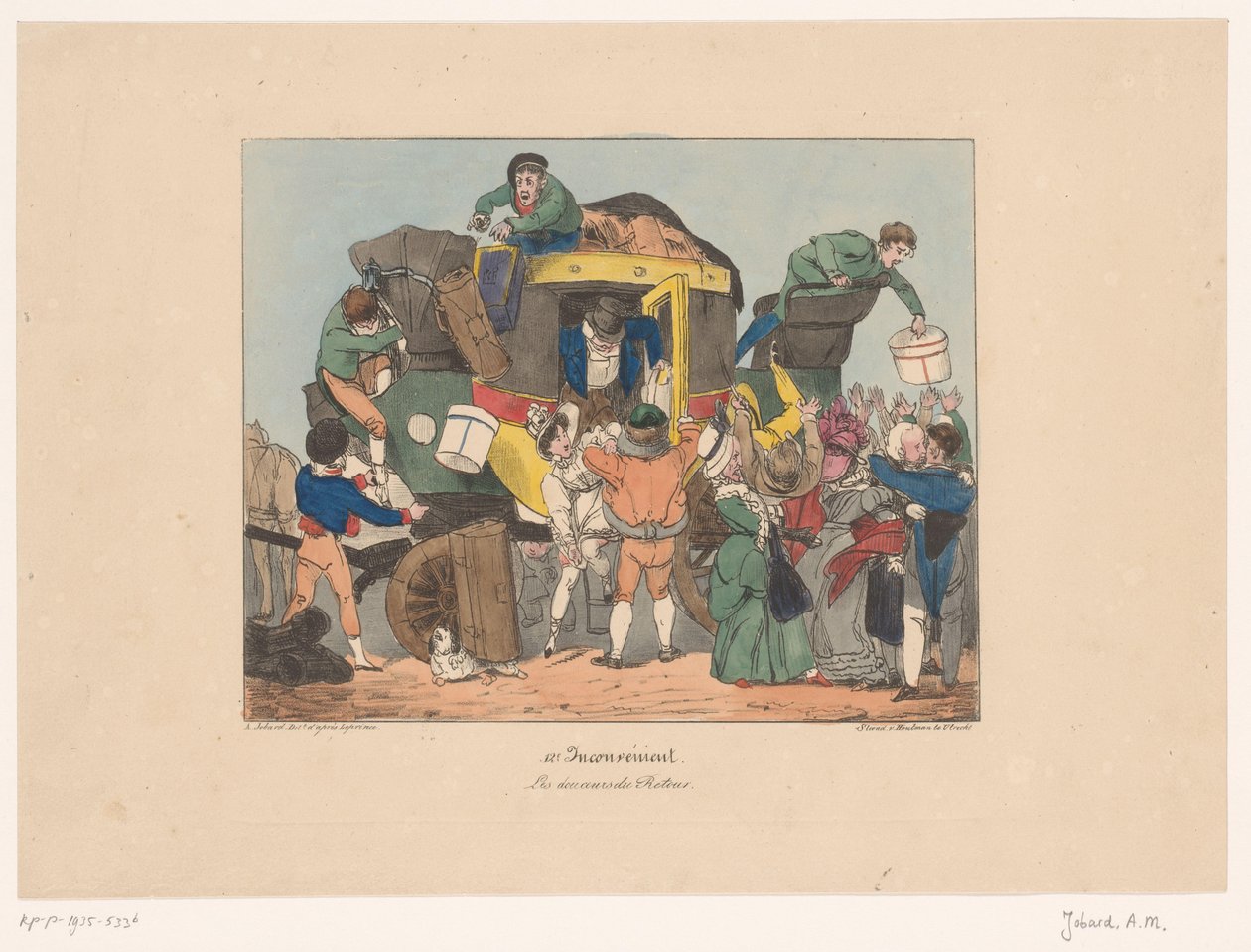 Passagiere steigen nach der Rückreise aus einem Omnibus von Joseph Ambroise Jobard