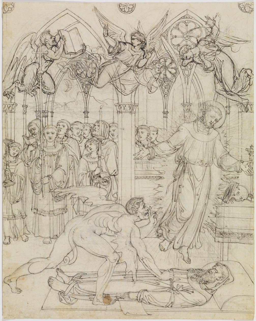 Streit des Hl. Franziskus mit dem Satan um die Seele des Mönches Guido da Montefeltro (Dante Inferno, Canto 27, V 112) von Joseph Anton Koch