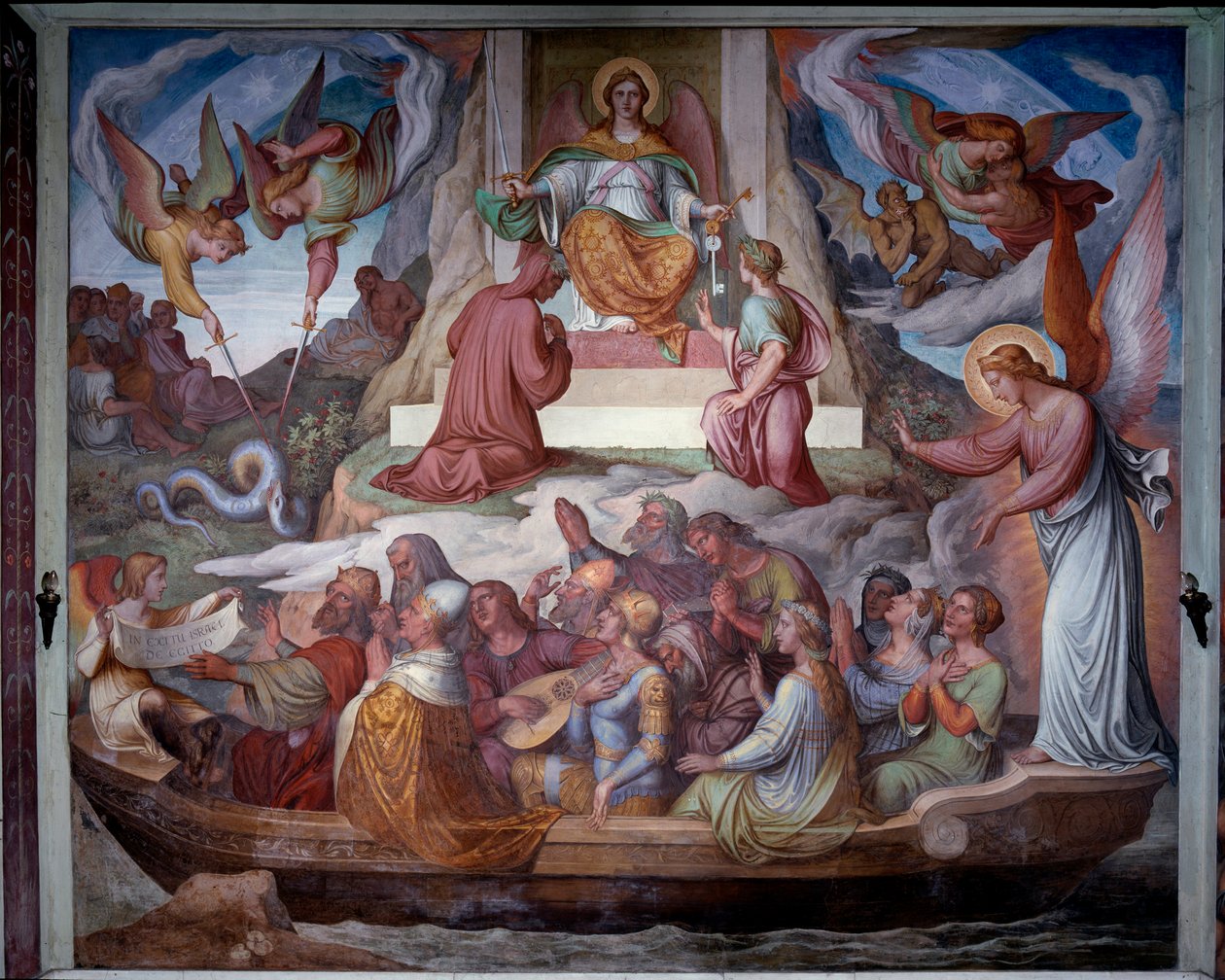 Das Boot der Seelen und der Eintritt von Dante und Virgil in den Berg des Fegefeuers (Fresko) von Joseph Anton Koch
