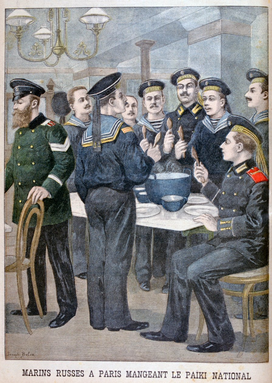 Russische Marinesoldaten essen Paiki in Paris, 1900 von Joseph Belon