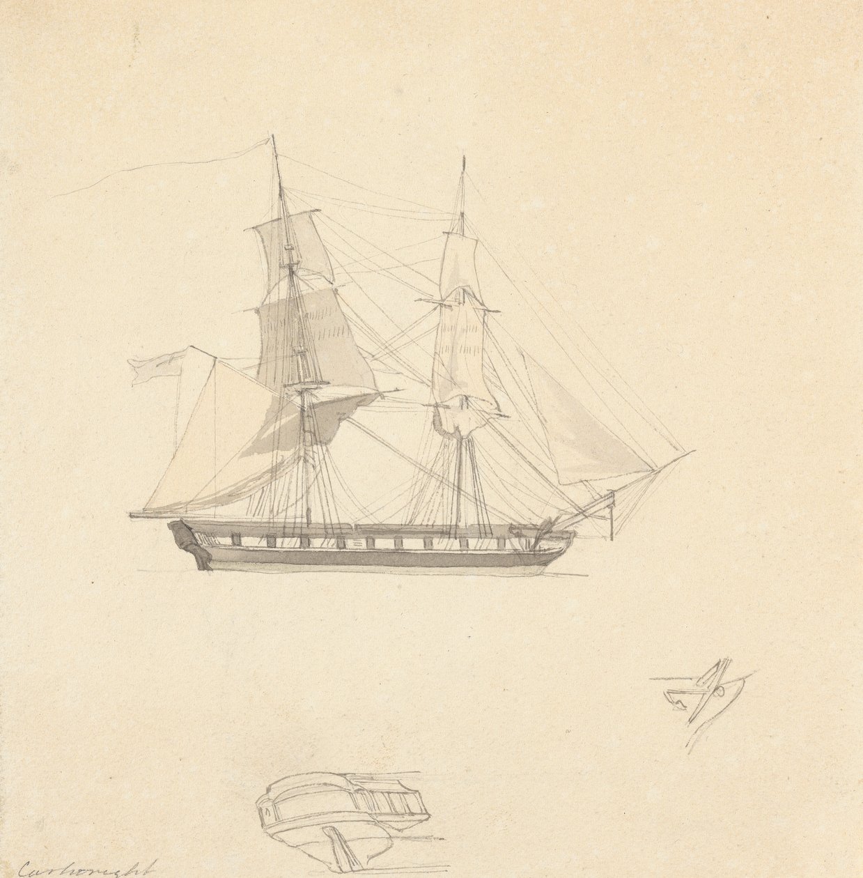 Einzelner Brigg; Skizzen von separatem Heck und Ruder von Joseph Cartwright