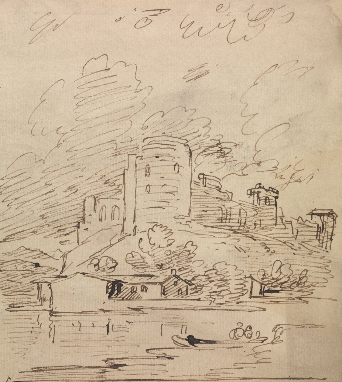 Schloss mit einem runden Turm über einem Fluss von Joseph Farington