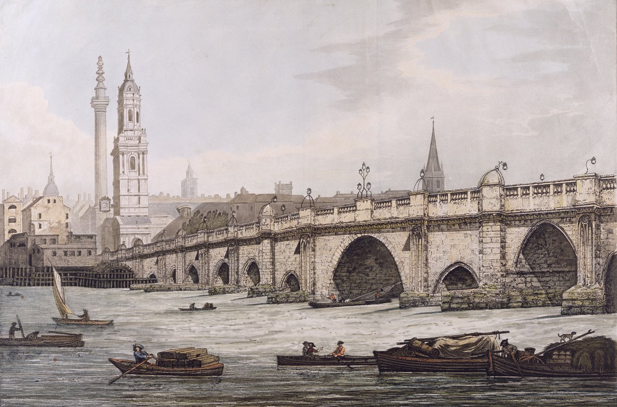 Ansicht der London Bridge, einschließlich der Kirche St. Magnus und des Monuments, graviert von J.C. Stadler von Joseph Farington