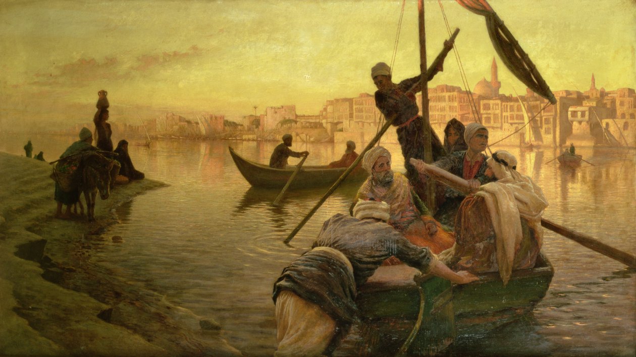 In Kairo: Die Fähre von der Insel Gazirie auf dem Nil oder Boulach, der Hafen von Kairo von Joseph Farquharson