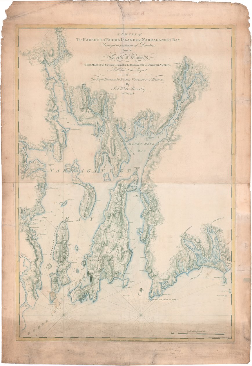 Eine Karte des Hafens von Rhode Island und der Narragansett Bay von Joseph Frederick Wallet DesBarres