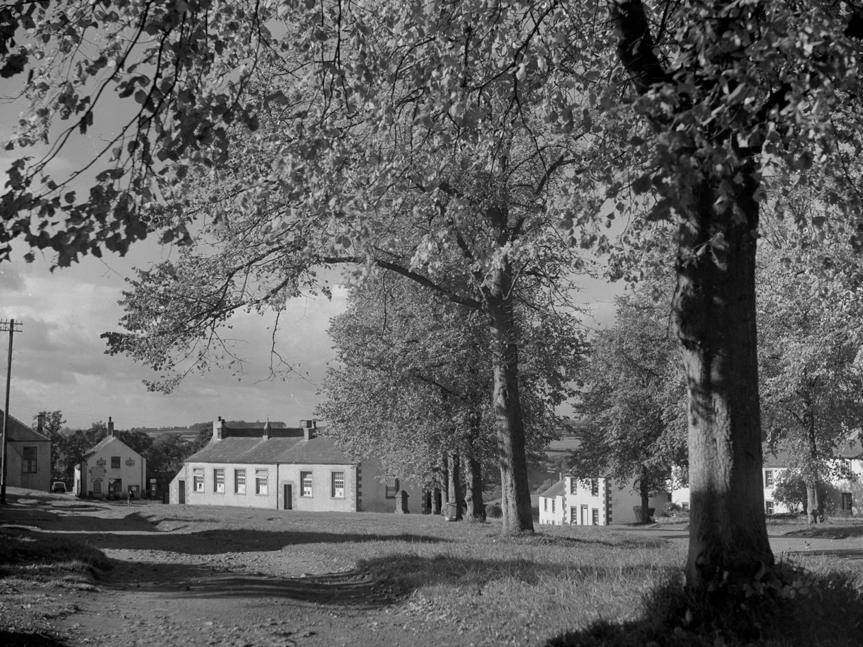 Bäume im Laub und Blick auf Dorfgebäude von Joseph Hardman