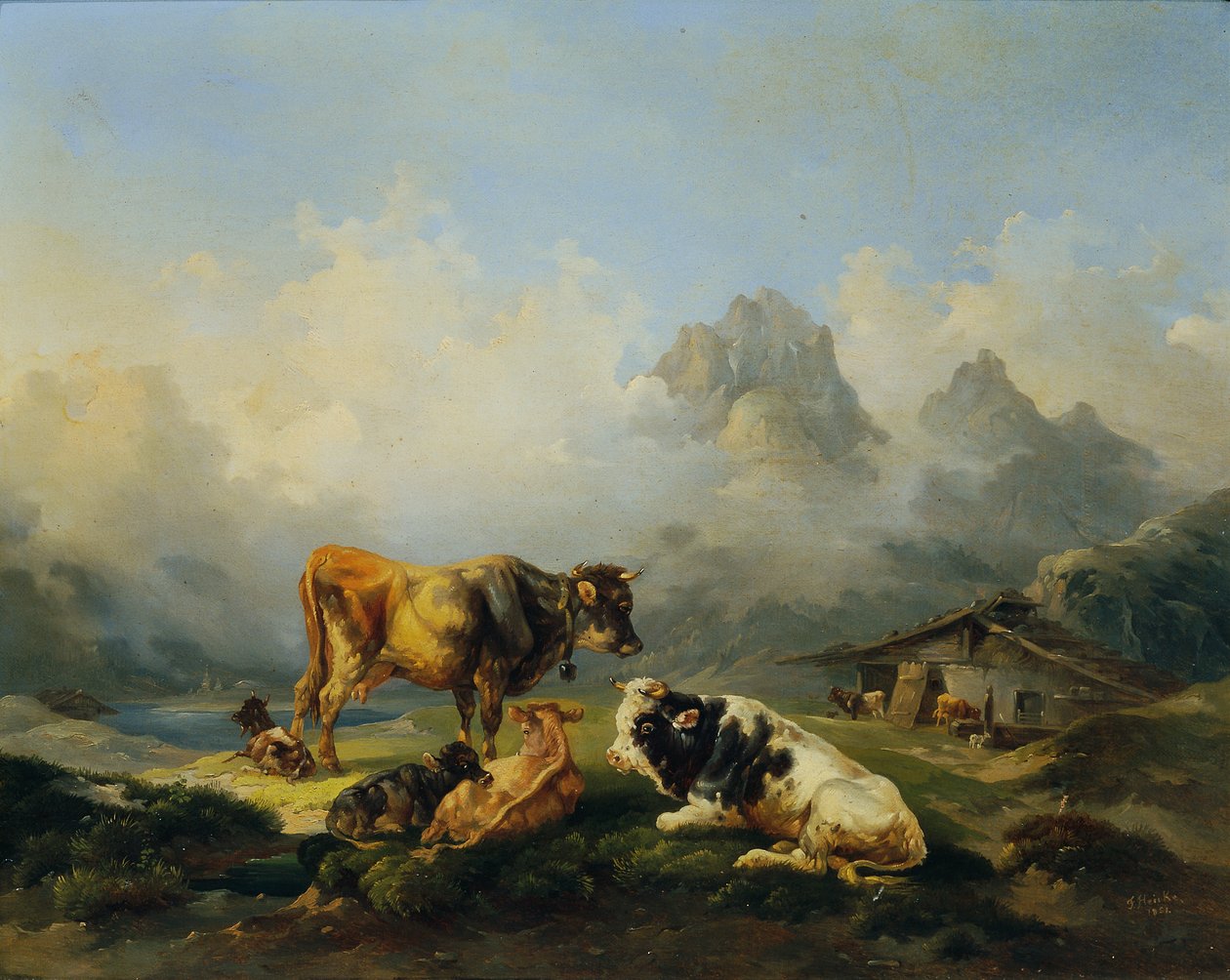 Alm mit Rindern von Joseph Heicke