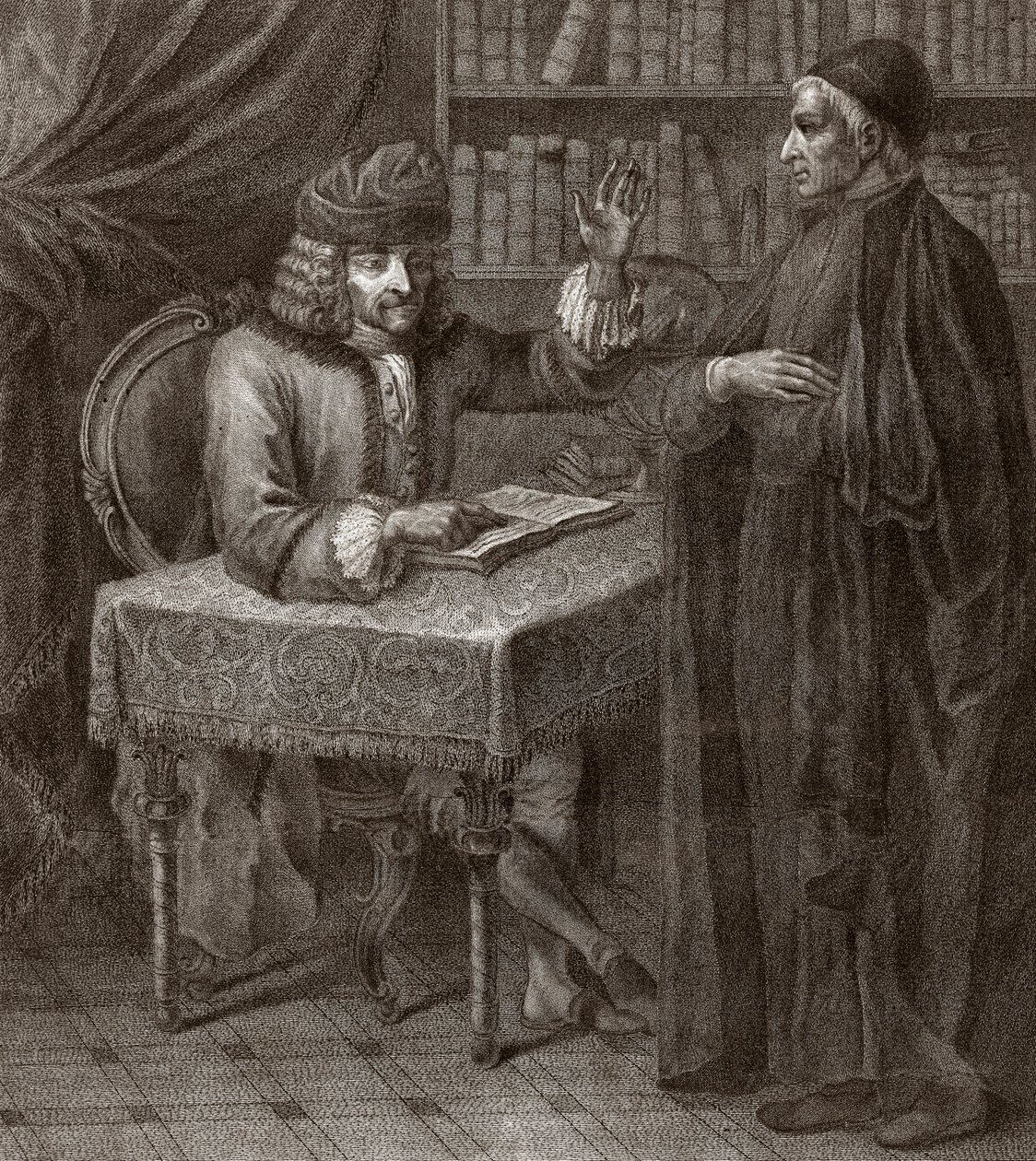 Voltaire und ein Priester - Gravur von Joseph Lante - 1764 von Joseph Lante