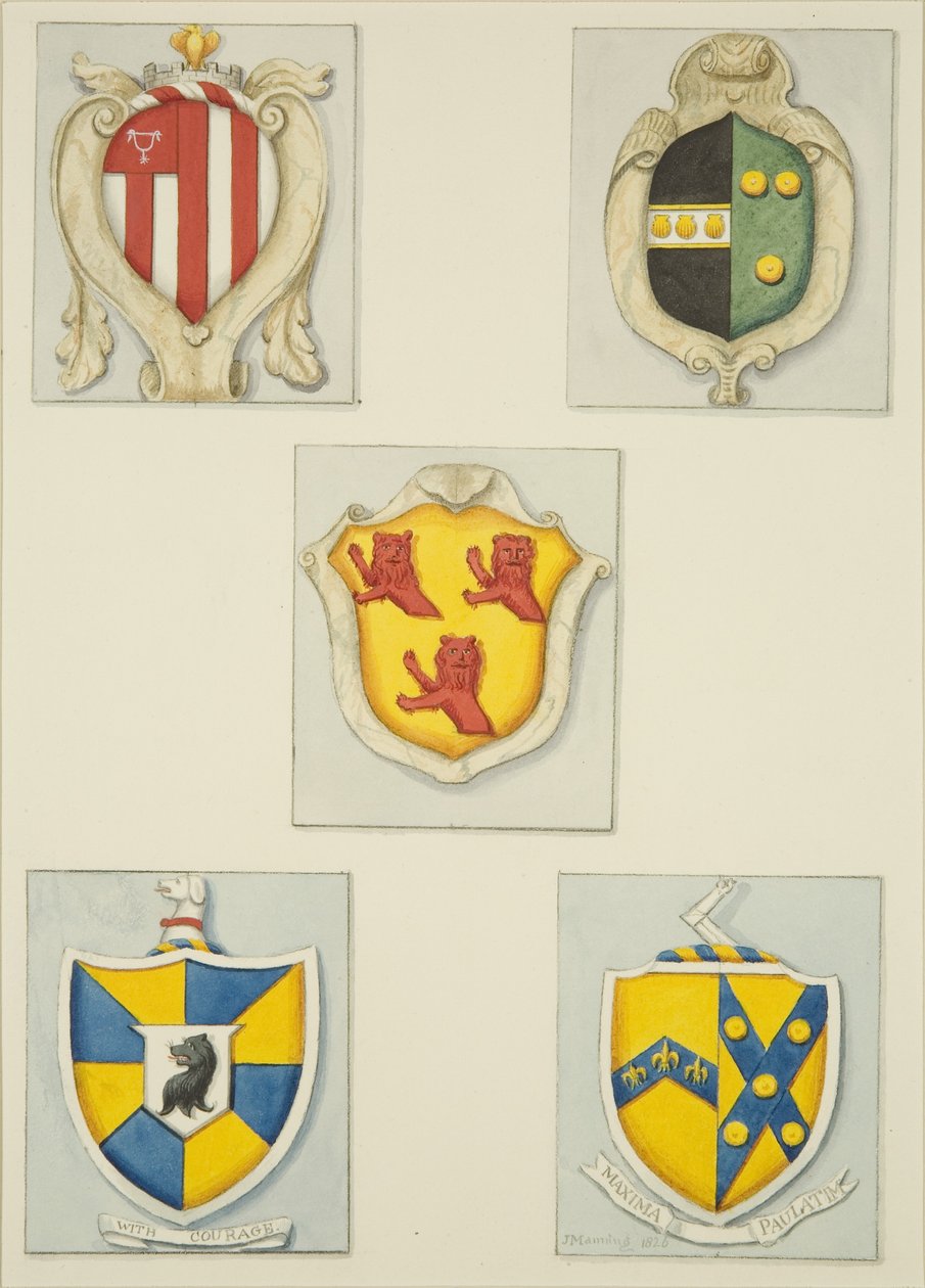 Fünf Wappen von Denkmälern in der Temple Kirche von Joseph Manning