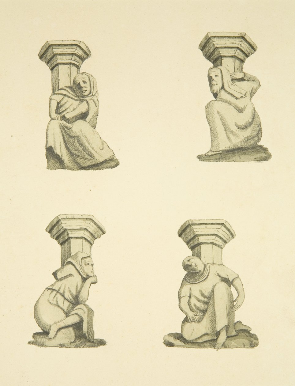 Vier Konsolen am Turm (ursprünglich Statuen tragend) der St. Mary Redcliffe von Joseph Manning