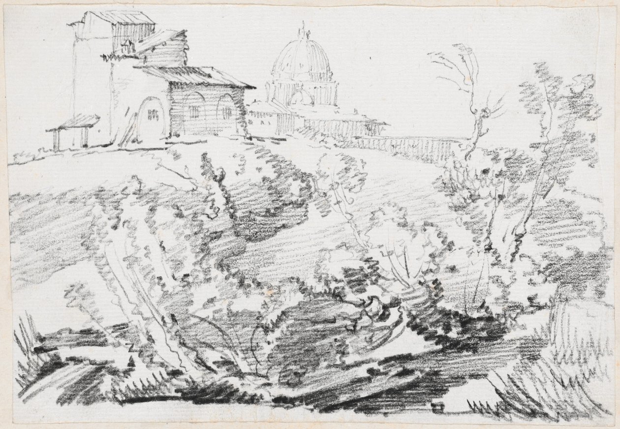 Ein Gebäude auf einem Hügel mit der Peterskirche in der Ferne von Joseph Marie Vien