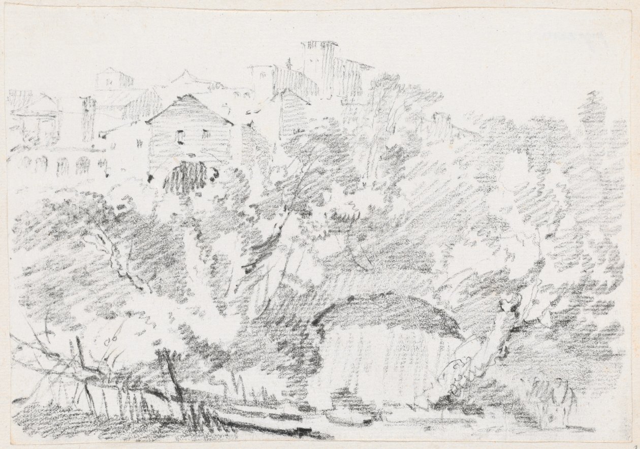 Ein Wasserfall in der Nähe einer Hügelstadt in Italien von Joseph Marie Vien