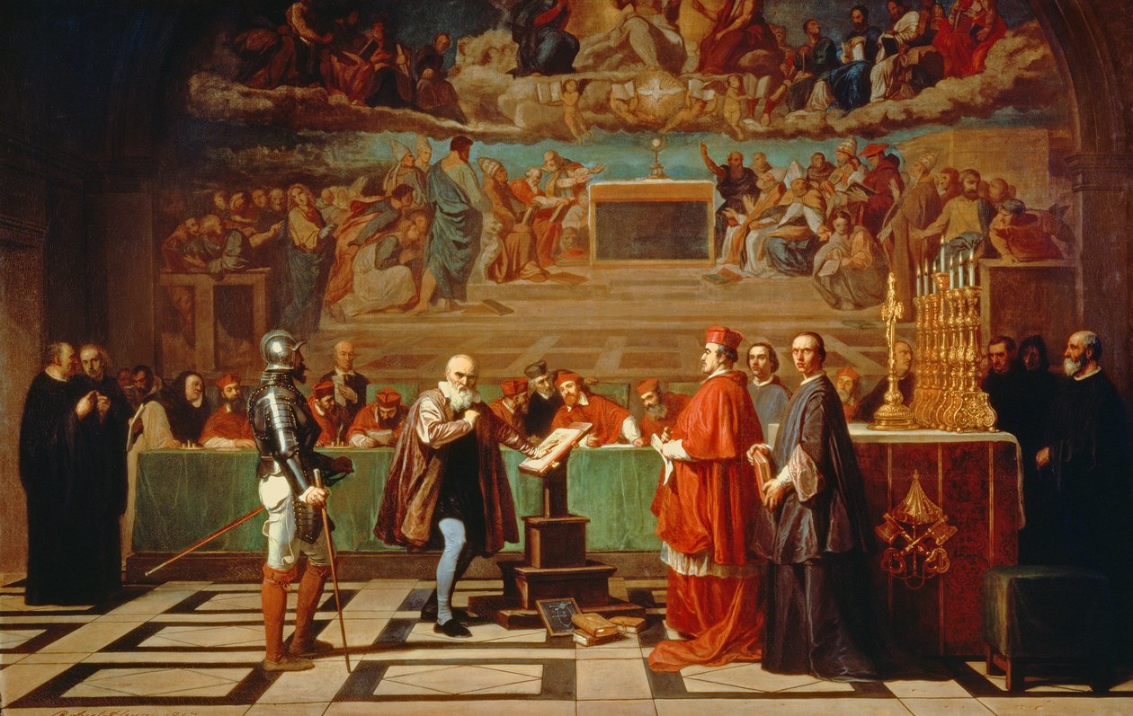 Galileo Galilei (1564-1642) vor Mitgliedern des Heiligen Offiziums im Vatikan im Jahr 1633, 1847 von Joseph Nicolas Robert Fleury