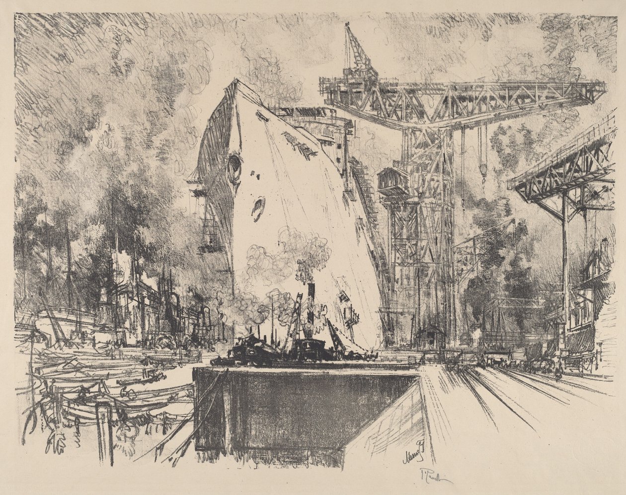Bau der Bismarck, Hamburg von Joseph Pennell